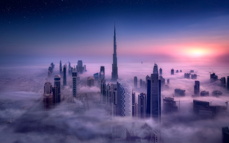 sky, city, Dubai, long exposure, building, Burj Khalifa, 1080P, clouds, tower, skyscraper, mist, cityscape