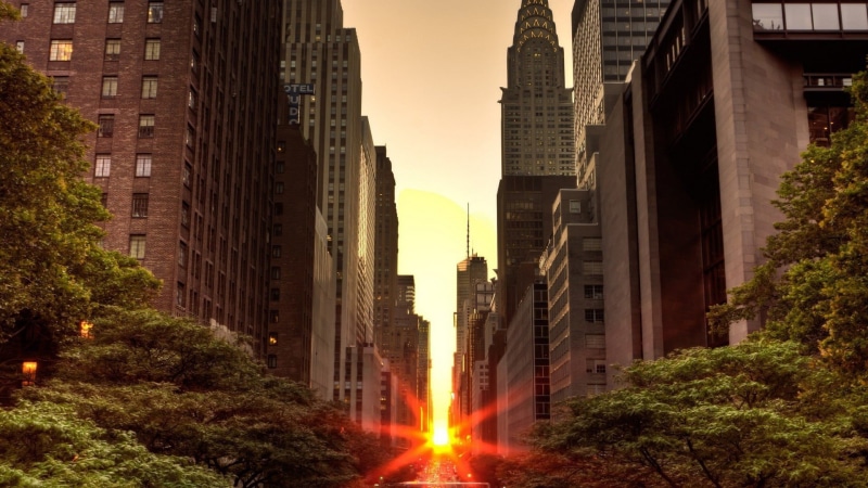 buildings, burning, street, plant, outdoors, brown, Manhattan, architecture, place, high, rise, Manhattanhenge, illuminated, cityscape, 1080P, New York City
