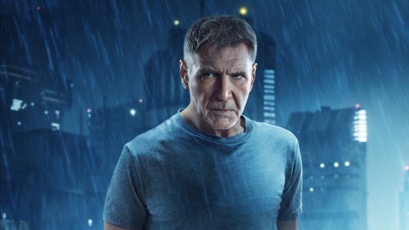 2K, blue, Harrison Ford, blade runner, movie, fantasy, Balde Runner (2017), actor, rick deckard, poster, rain, man