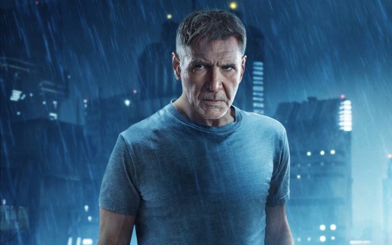 rain, poster, Rick Deckard, Thriller, Blade Runner 2049, Harrison Ford, the city, 2K, lights, fiction, night