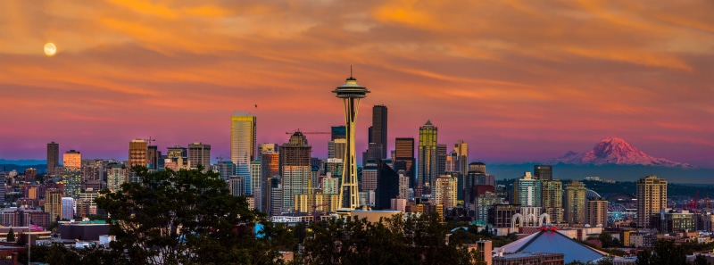 seattle  wa, dusk, super moon, seattle center, washington, tower, Golden, urban Skyline, skyline, 1080P, architecture, asia, mt ranier, city, skyscraper