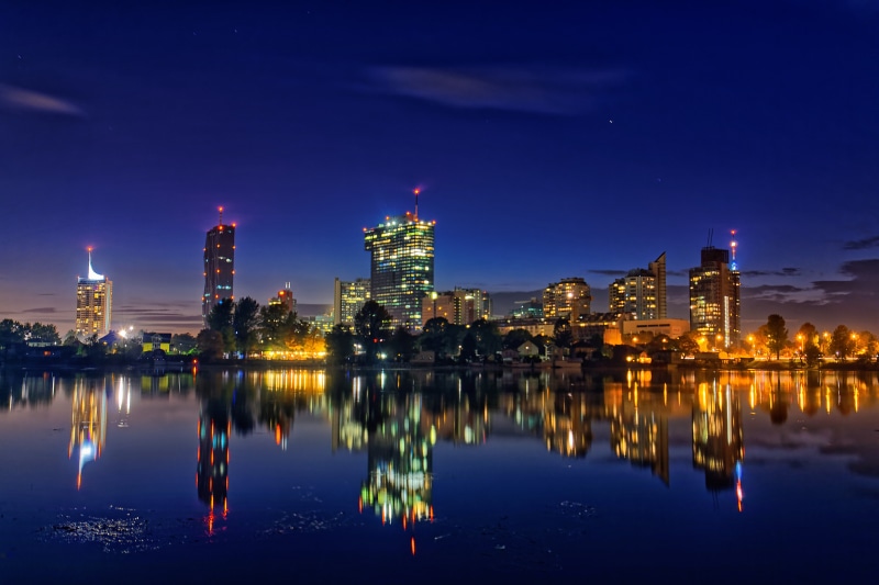 Part II, high-rise buildings, DC, golden time, A68, Dawn, Tower, Night, Reflections, Wien, Citylights, architecture, Cityscape, Donau  River, time, Lights