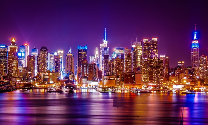 new, skyscrapers, city skyline, lights, city, york, New York city, photo, 1080P, panorama, hudson, Hudson river, NY, high, WTC, rise, skyline, river, buildings