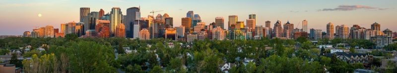 Calgary, view, pano, skyscraper, sunset, urban Scene, summer, city, downtown District, urban Skyline, cityscape, panoramic, Moon, Explored, Canada, 8K