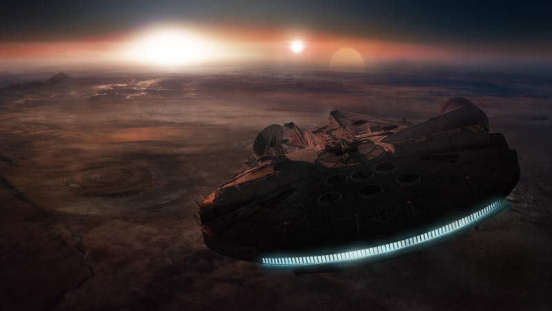 environment, sky, spaceship, outdoors, round, 1080P, high angle view, tranquil scene, Millennium Falcon, airplane, Star Wars, no people, land, nature