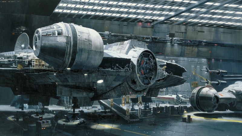 technology, artwork, Millennium Falcon, mode of transportation, movies, X-wing, industry, architecture, built structure, flying, silver colored, indoors