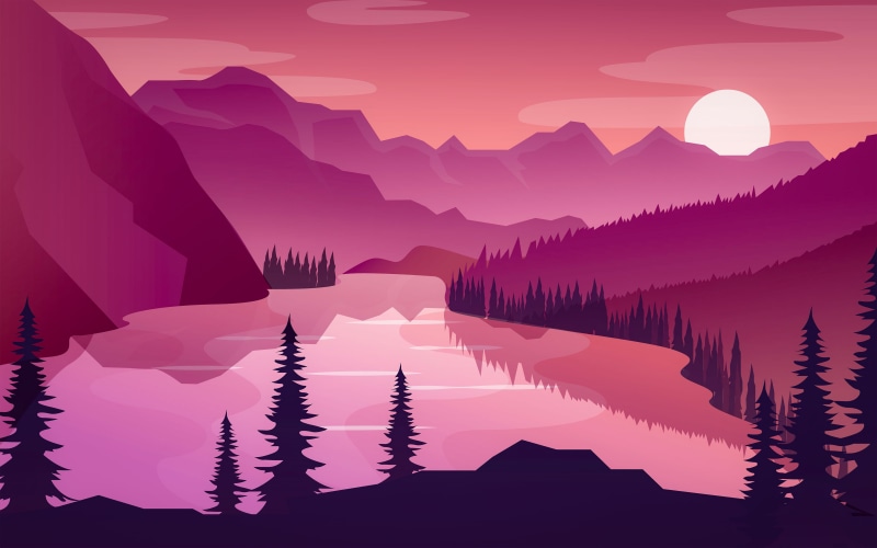 vector, 5K, forest, sunset, landscape, mountains