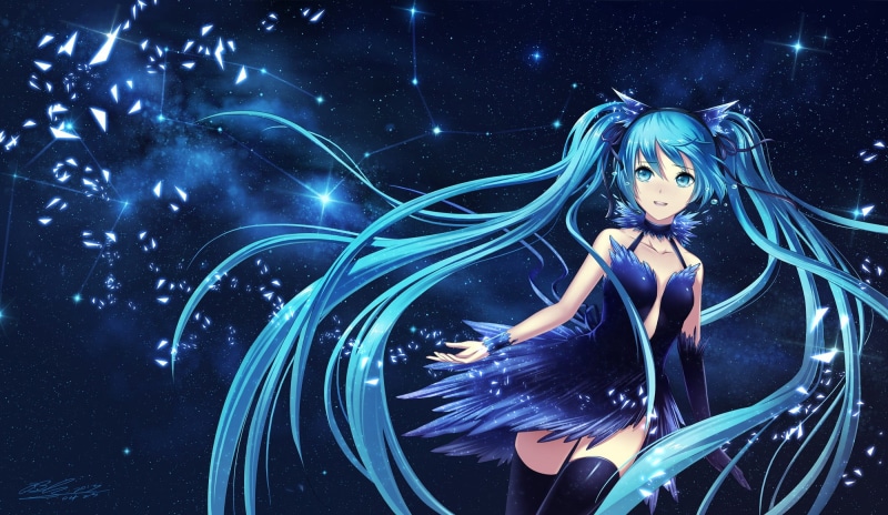 crying, sea, illuminated, beauty, abstract, Hatsune Miku, women, nature, water, one person, blue, thigh-highs, night, anime, adult, 1080P, ribbon