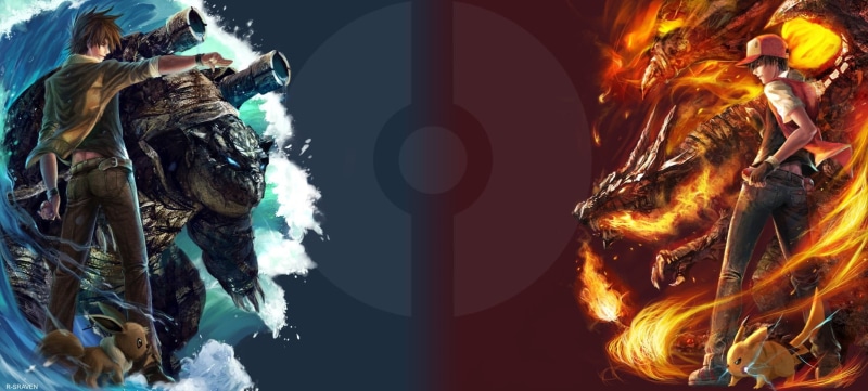 flame, adult, Pikachu, pokemon, vs, glowing, Pokémon, burning, 720P, rear view, Red vs. Blue, Eevee, night, red, Pokémon trainers, lifestyles, human body part