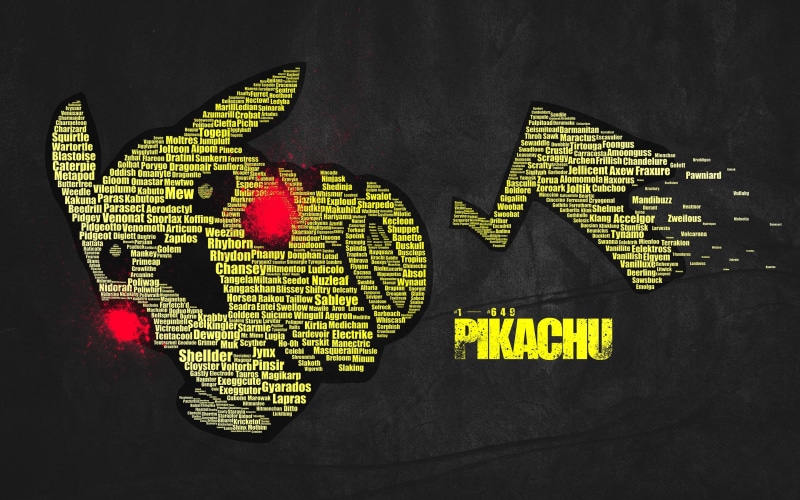 typographic portraits, still life, Pikachu, yellow, creativity, textile, 2K, text, love, art and craft, capital letter, black color, symbol, sign, close-up