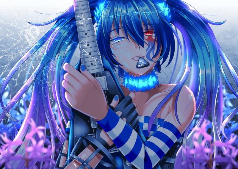 multi colored, character, 720P, futuristic, lighting equipment, pattern, long hair, amusement park, celebration, blue, heterochromia, indoors