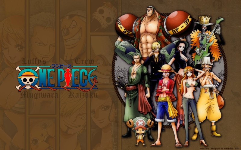 1080P, large group of objects, male likeness, Sanji (One Piece), toy, female likeness, one, Monkey D. Luffy, representation, poster, craft, text, Zoro Roronoa