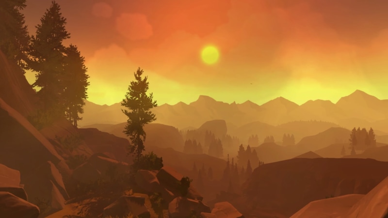 tree, plant, orange color, illustration, mountain peak, Firewatch, sun, mountains, mountain, sunlight, tranquility, outdoors, non-urban scene, no people