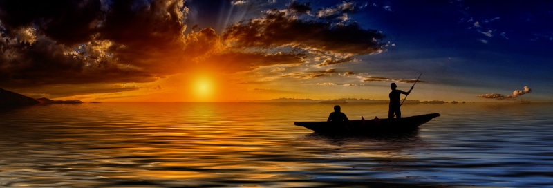 fishing boat, people, riding, person, cloud landscape, sunlight, mental attitude, transportation, scenics - nature, wave, nature, sunrise, red, rowboat