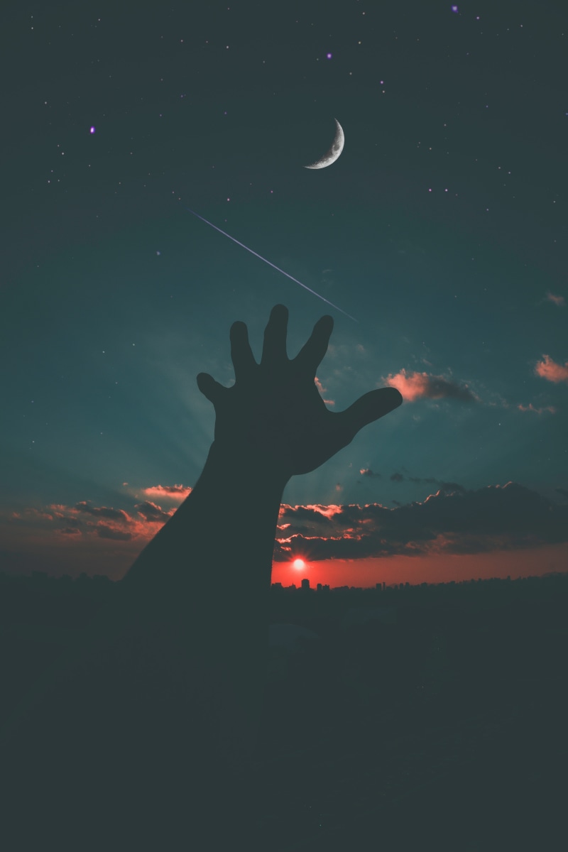 sky, backgrounds, human, hope, one person, sunset, human body part, digital composite, dark, night, gesturing, cloud - Sky, lifestyles, outdoors, finger