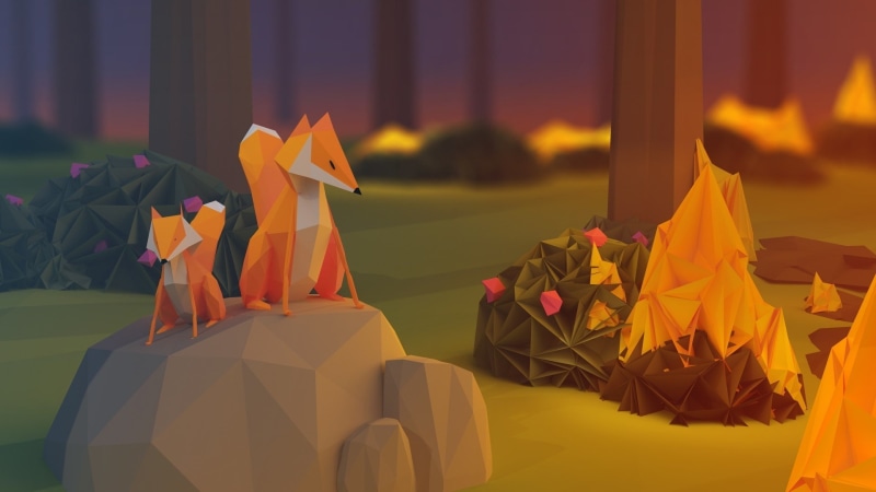 baby animals, digital art, 1080P, nature, Low Poly, rock, fire, Fox, Trees, Stones, anime, plants, poly, paper, flowers, minimalism