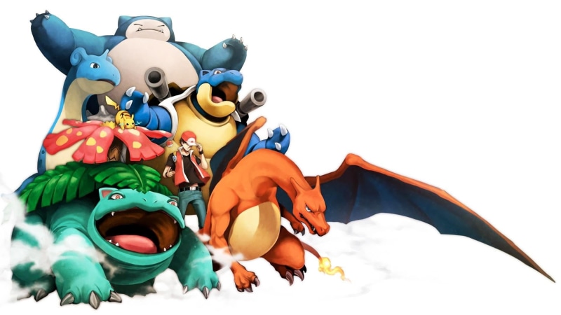 outdoors, low angle view, toy, nature, Red (character), Blastoise, Charizard, mammal, day, sculpture, clear sky, digital, anime, orange color