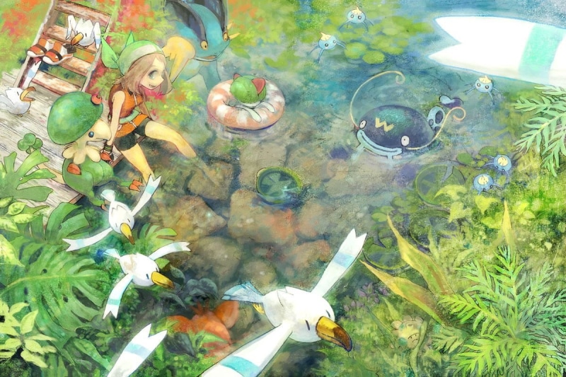 group of animals, high angle view, outdoors, marine, fish, day, underwater, May (pokemon), bridge, character, women, animals in the wild, one person, landscape