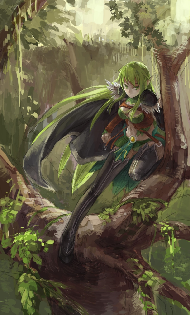 one person, water, reflection, anime girls, outdoors, green eyes, elves, anime, forest, haired, green hair, Rena (Elsword), trees, creativity, representation