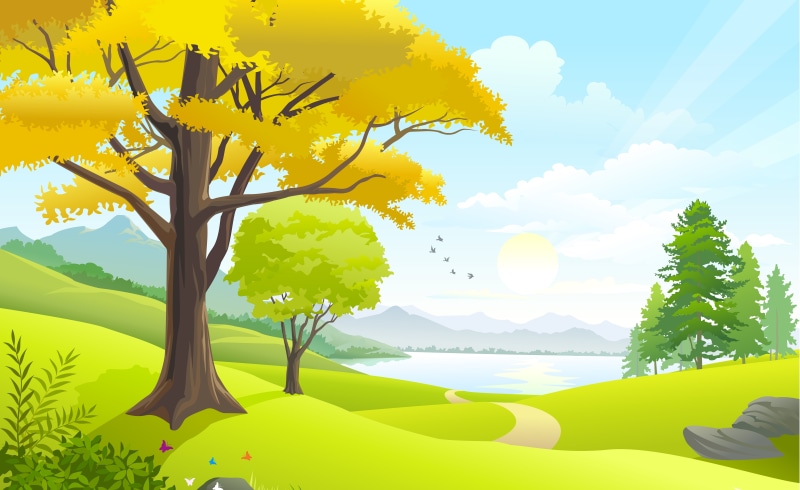 vector, sea, environment, sunlight, green Color, scenics - nature, backgrounds, forest, tree, plant, leaf, river, water, road, hill, the sky, the sun, vector art