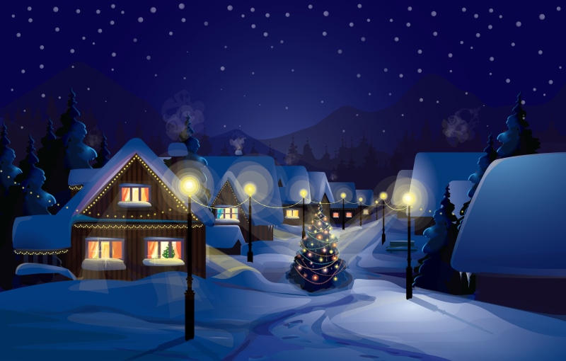 light - Natural Phenomenon, blue, snowing, nature, town, illuminated, december, no people, star - Space, lighted, new year, city, snowcapped mountain, merry Christmas