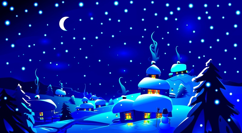 snowflakes, forest, blue, a month, snowman, trees, home, winter, lights, the sky, vector, the snow, night, snow, the moon, village, 2K