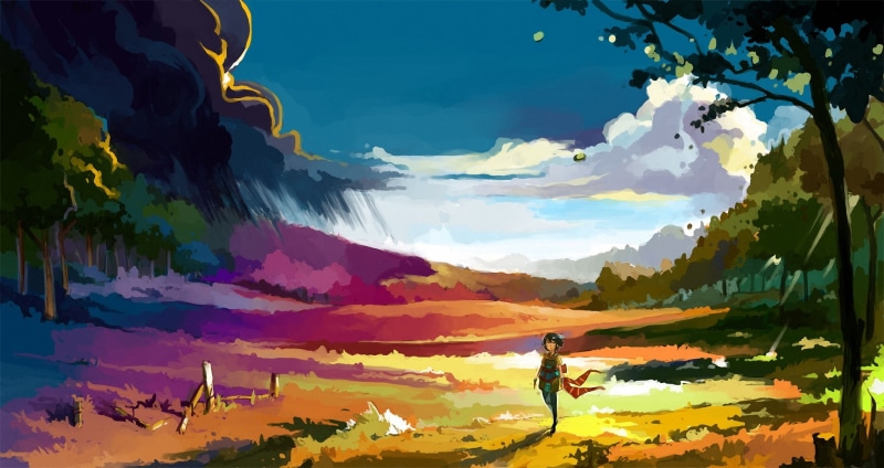 plant part, tree, non-urban scene, outdoors, growth, clouds, girl, painted landscape, autumn, tranquility, grass, beauty in nature, the wind, 1080P, illustration