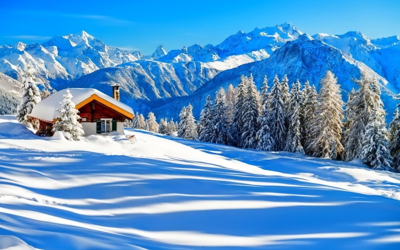 Mountains, Sky, Forest, Winter, Trees, House, White, Nature, Snow, 1080P