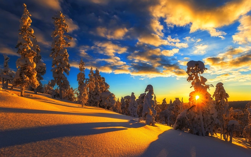 2K, Sky, white, Clouds, Winter, Snow, Mountain, Sunset, blue, Trees