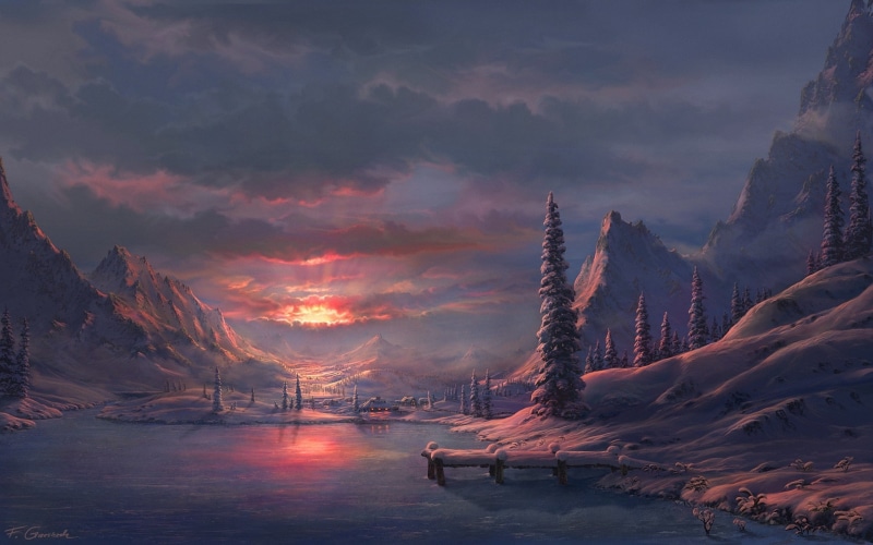 trees, winter, mountains, drawing, snow, 1080P, digital/artwork, sunset, hd, clouds