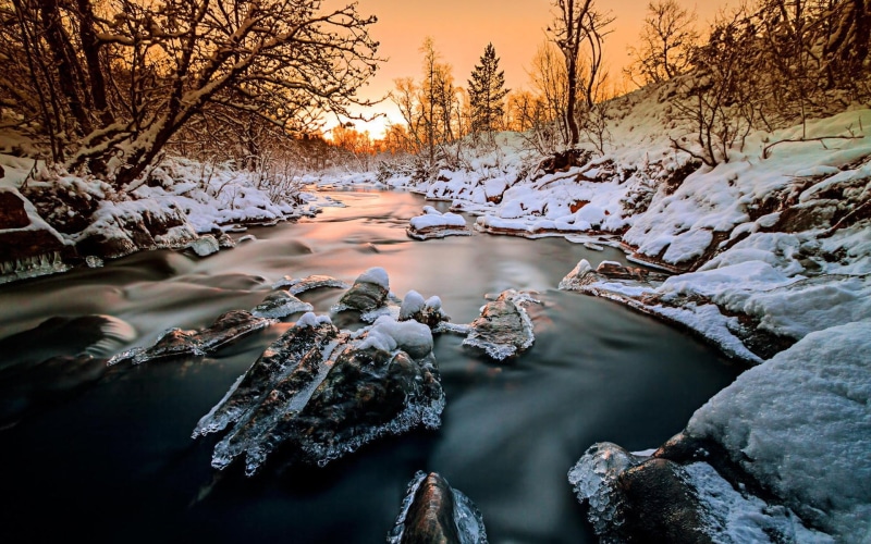 Ice, Trees, 1080P, Snow, Norway, Forest, Sunset, Winter, River