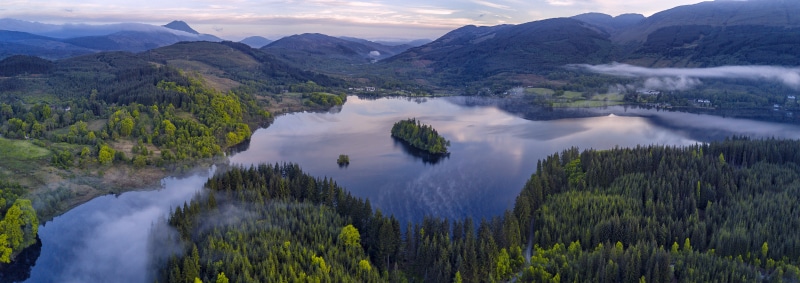 forest, Loch Lomond, Trossachs, crannog, Gorm, tree, mountain, summer ...