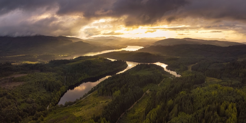 sunrise - Dawn, cloud - Sky, top, Lochs, Scotland, scenics, outdoors, sky, Loch Drunkie, view, mountain Peak, mountain, Loch Lomond, forest, hill, Callander
