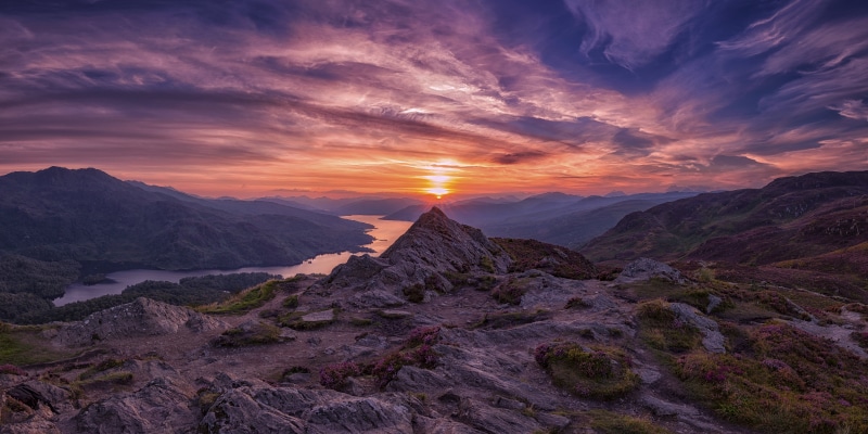 Scotland, Ben Aan, grass, mountain Peak, gray, Ellens, Trossachs, sunset, National Park, mountain, landscape, green grass, Loch Lomond, dusk, Land of Legends