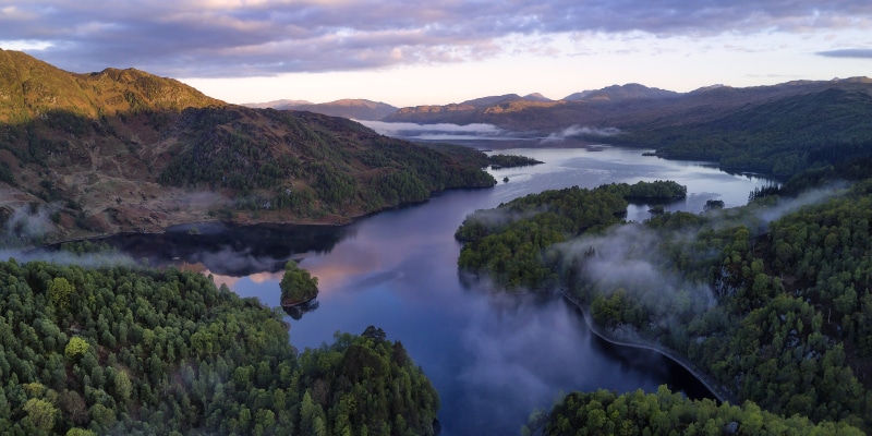 mountain, Lands, top, Loch Katrine, Loch Lomond, forest, view, Morning, fogs, Ben Venue, water, Mist, nature, scenics, surrounded, 5K, Scotland, Magic