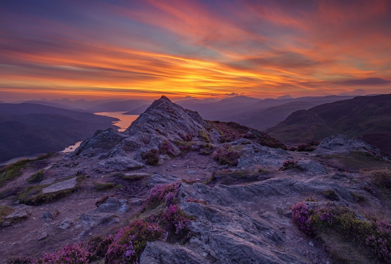 sunrise - Dawn, over the horizon, Sunset, National Park, 5K, sun set, sun, mountain, Ben Aan, Trossachs, mountain Peak, Loch Lomond, horizon, scenics