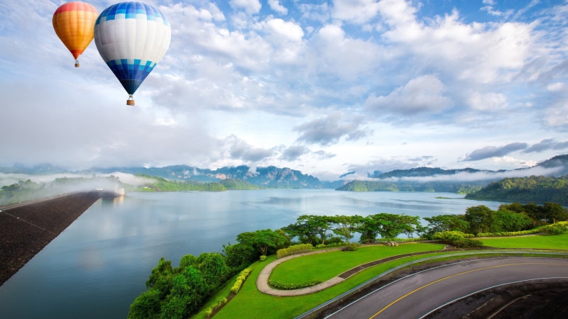 nature, sea, orange, birds eye view, sky, hot, water, tree, white, no people, travel, mountain, hot air balloons, mountains, lake, air vehicle, transportation