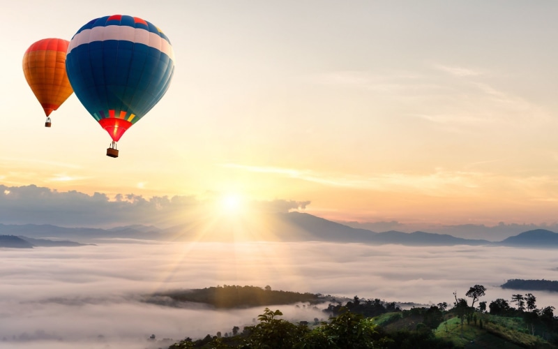 sunset, mid-air, nature, mode of transportation, environment, sunlight, orange, 2K, lens flare, hot air balloons, hot air balloon, flying, blue, hot, tranquility