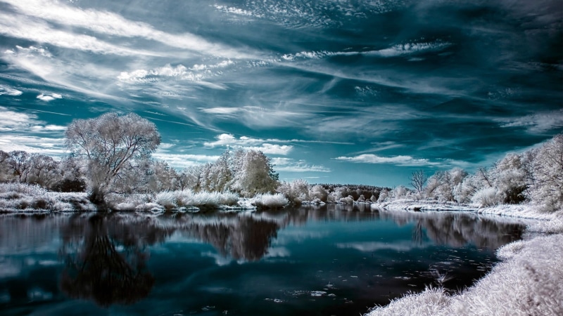clouds, coast, tranquil scene, sky, ocean, cold temperature, reflection, scene, outdoors, cloudscape, cloud, vacation, cloudy, wave, snow, tranquility