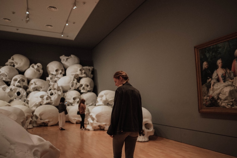 people, teenagers, beautiful, girl, the past, full length, skulls, indoors, retro, tumblr, aesthetics, grunge, men, rear view, sculpture, looking, representation