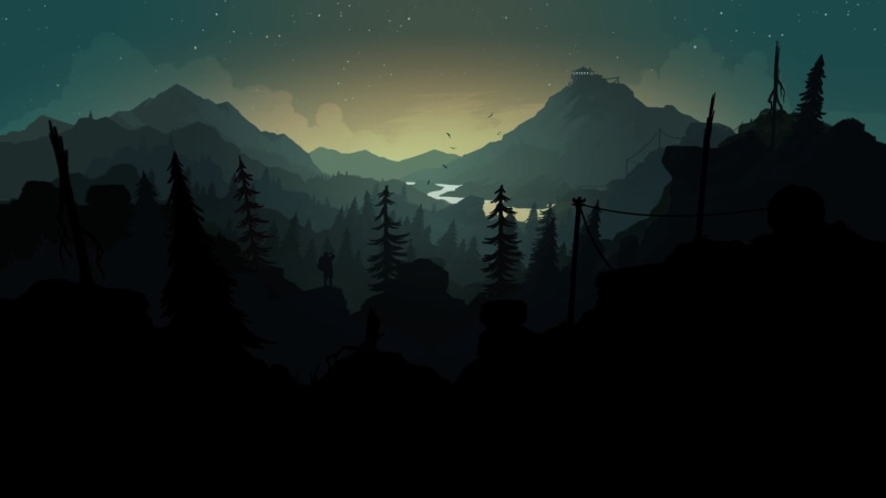 Firewatch, Fire watch, Night, The game, Art, Campo Santo, Landscape, River, Silhouette, 1080P, Forest, Hills, Stars, People, Mountains, Tower