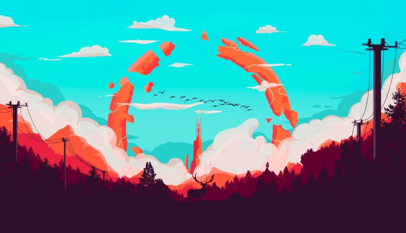 Fire watch, Birds, 1080P, Art, The game, Hills, by Imba420, View, Smoke, Firewatch, Campo Santo, Forest, Landscape, Tower, Deer, Mountains