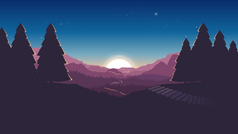 The game, Sunset, Mountains, Fire watch, Firewatch, Forest, Landscape, The sun, Hills, Art, Campo Santo, Low Poly, 4K