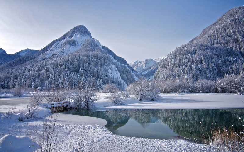 Ice, Winter, 2K, Snow, Forest, Lake, Trees, Mountains, Sky