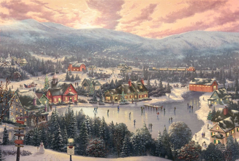 the city, lake, snowman, trees, Sunset on Snowflake Lake, New year, outdoors, roof, travel, scenics - nature, rural Scene, train, cityscape, old, architecture