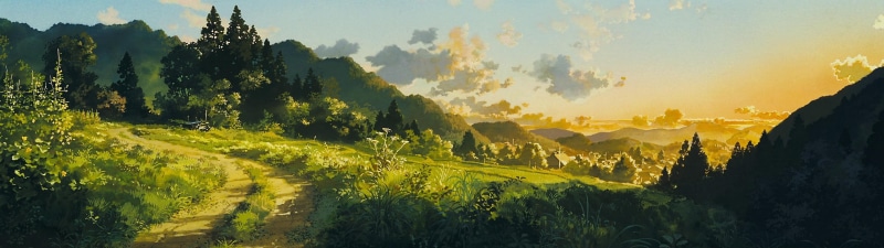 sky, panoramic, nature, sunlight, outdoors, plant, mountain range, environment, mountain, travel, travel destinations, scenics - nature, tree, studio ghibli only yesterday multiple display artwork path