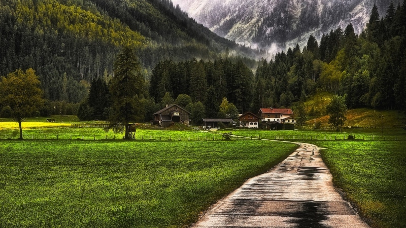 land, 1080P, dirt road, mist, snow, green, scenics - nature, building, field, beauty in nature, farm, tranquil scene, fence, built structure, house, outdoors