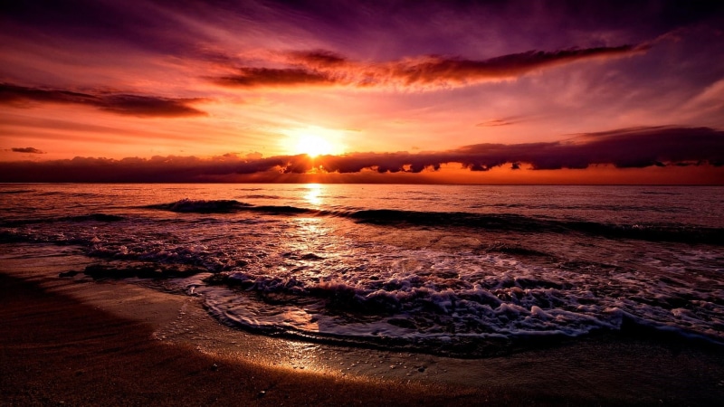 sun, evening, red sky, horizon, orange color, shore, tranquil scene, scenics - nature, sunset, tranquility, dusk, water, land, romantic sky, horizon over water
