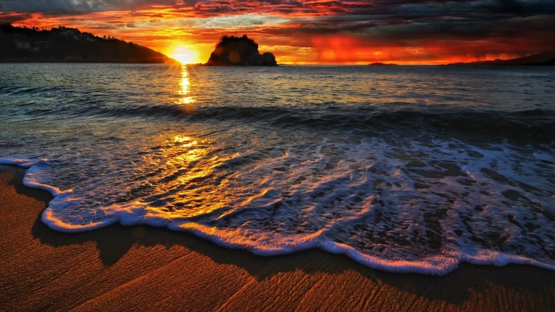 1080P, water, wave, evening, ocean, sea, shore, foam, calm, horizon, sky, sunset, beach, foamy waves
