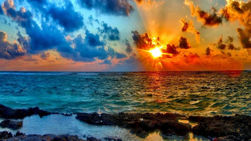 sunlight, sunset, land, orange color, outdoors, shore, cloud, cloud - sky, horizon over water, sky, wave, tranquil scene, 1080P, beach, water, beauty in nature
